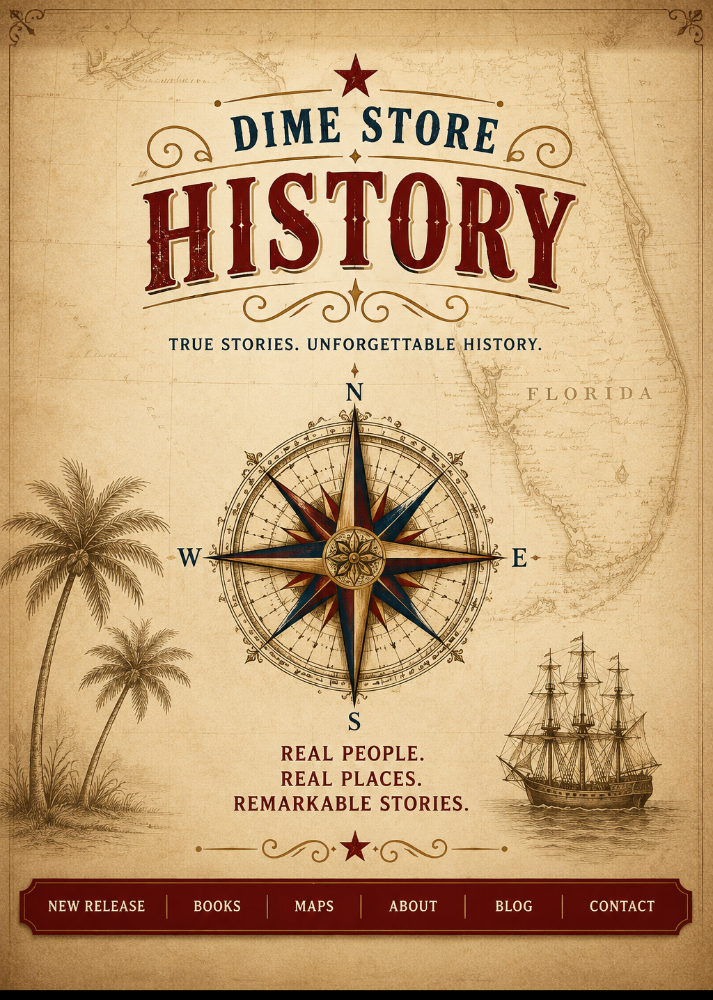 Dime Store History with ornate compass rose, antique Florida map, palm trees, sailing ship, and navigation bar
